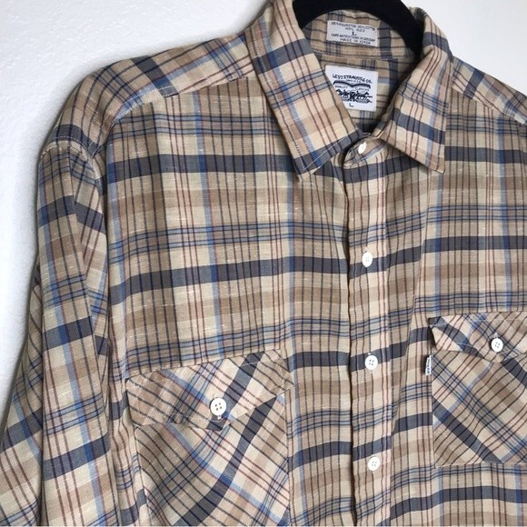 Vintage 1970s Levis Big E Tan Brown Plaid Button Front Long Sleeve Mens Large - Picture 2 of 13